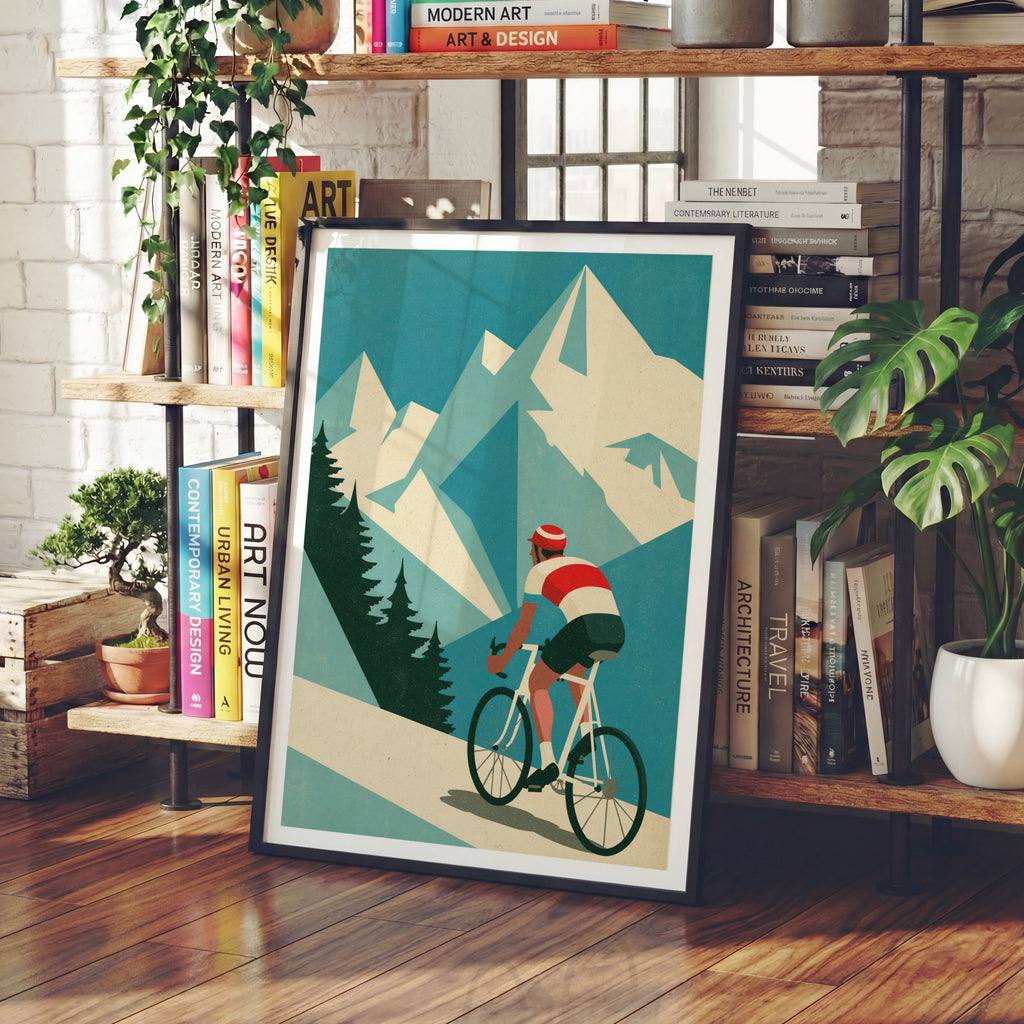 Retro Cycling Poster, Mountain Road Cyclist Print, Vintage Travel Alpine Wall Art, Teal Blue
