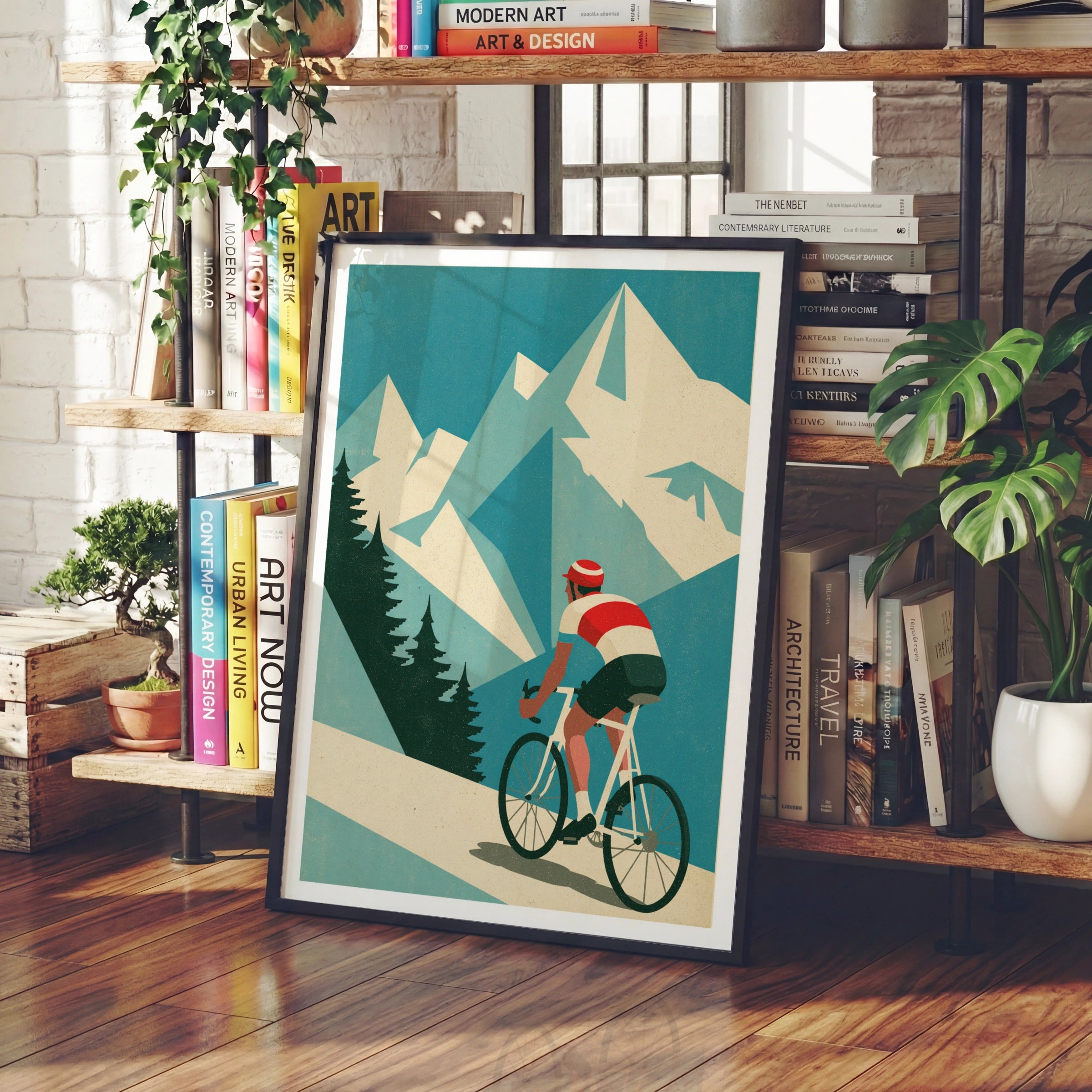 Retro Cycling Poster, Mountain Road Cyclist Print, Vintage Travel Alpine Wall Art, Teal Blue
