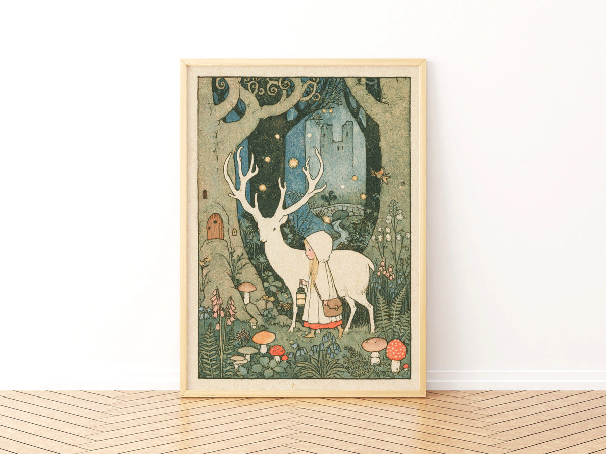 White Stag Fairy Tale Print, Victorian Children's Art, Magical Forest Girl Poster, Retro Collectable