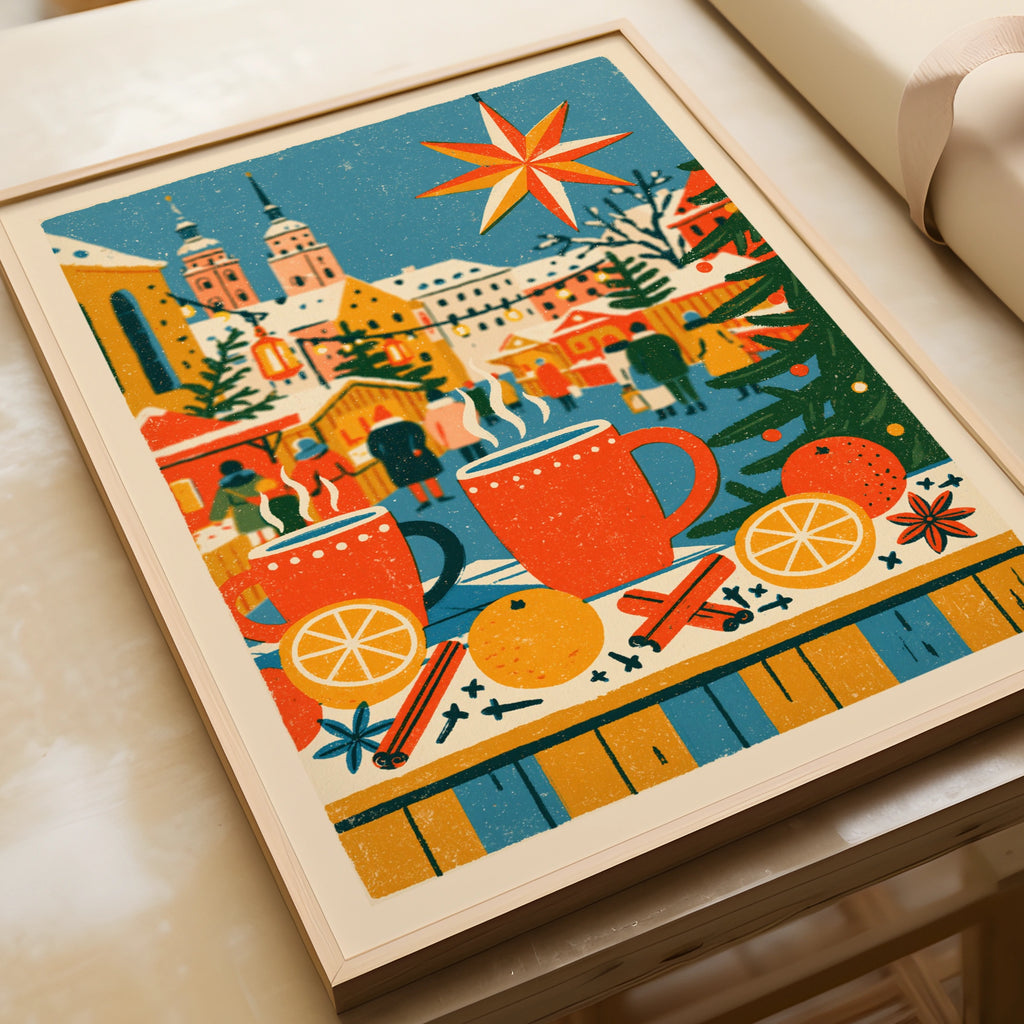 Vintage Christmas Market Poster, Mulled Wine Wall Art, Festive Winter Print, Retro Holiday Decor