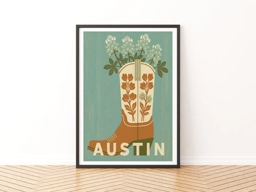 Austin Texas Retro Travel Poster, Cowboy Boot Bluebonnet Flower Art Print, Teal