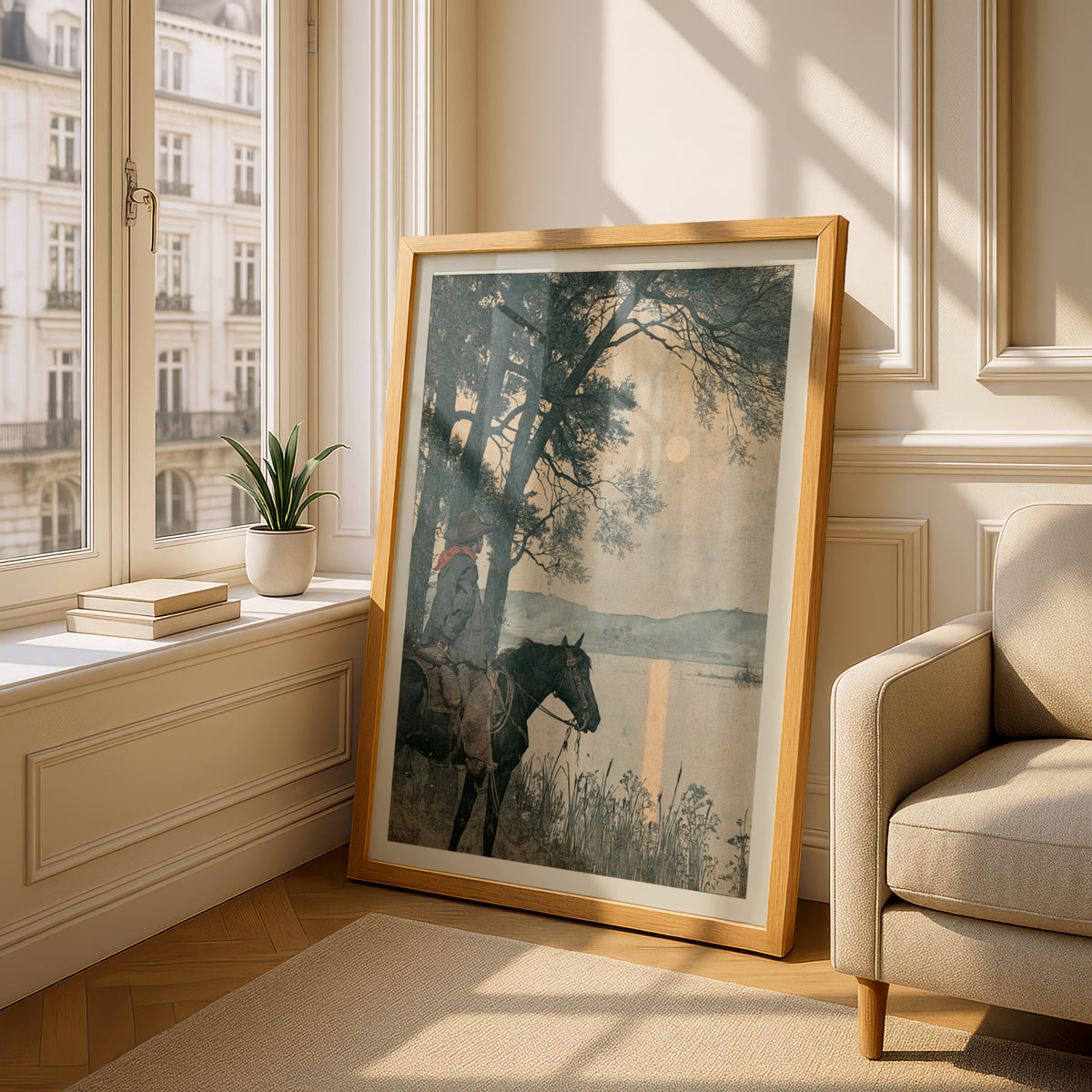 Vintage Cowboy on Horseback Print, Moonlit Lake Western Wall Art, Rustic Nature Landscape Poster
