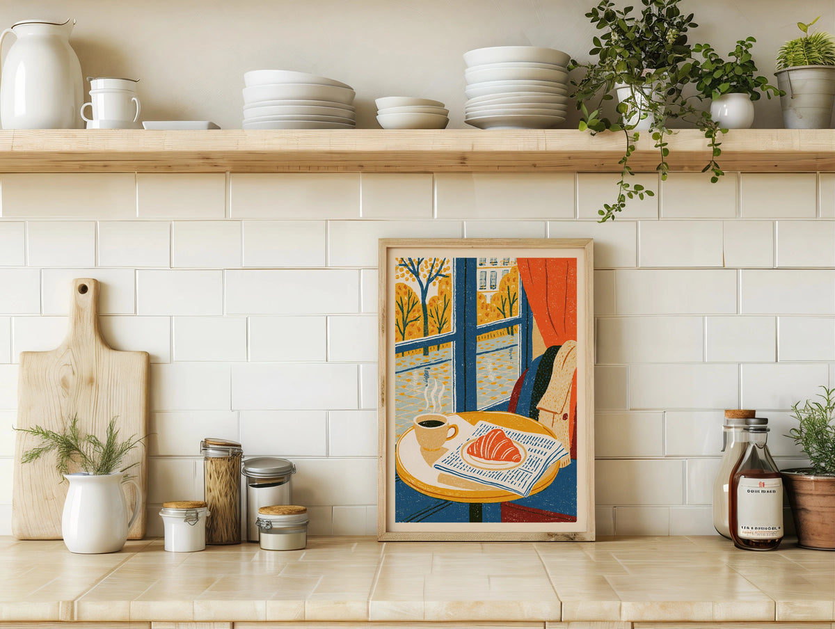 Vintage Food Poster Print, Paris Cafe Croissant Coffee, Rustic Kitchen Decor, Retro Mid Century