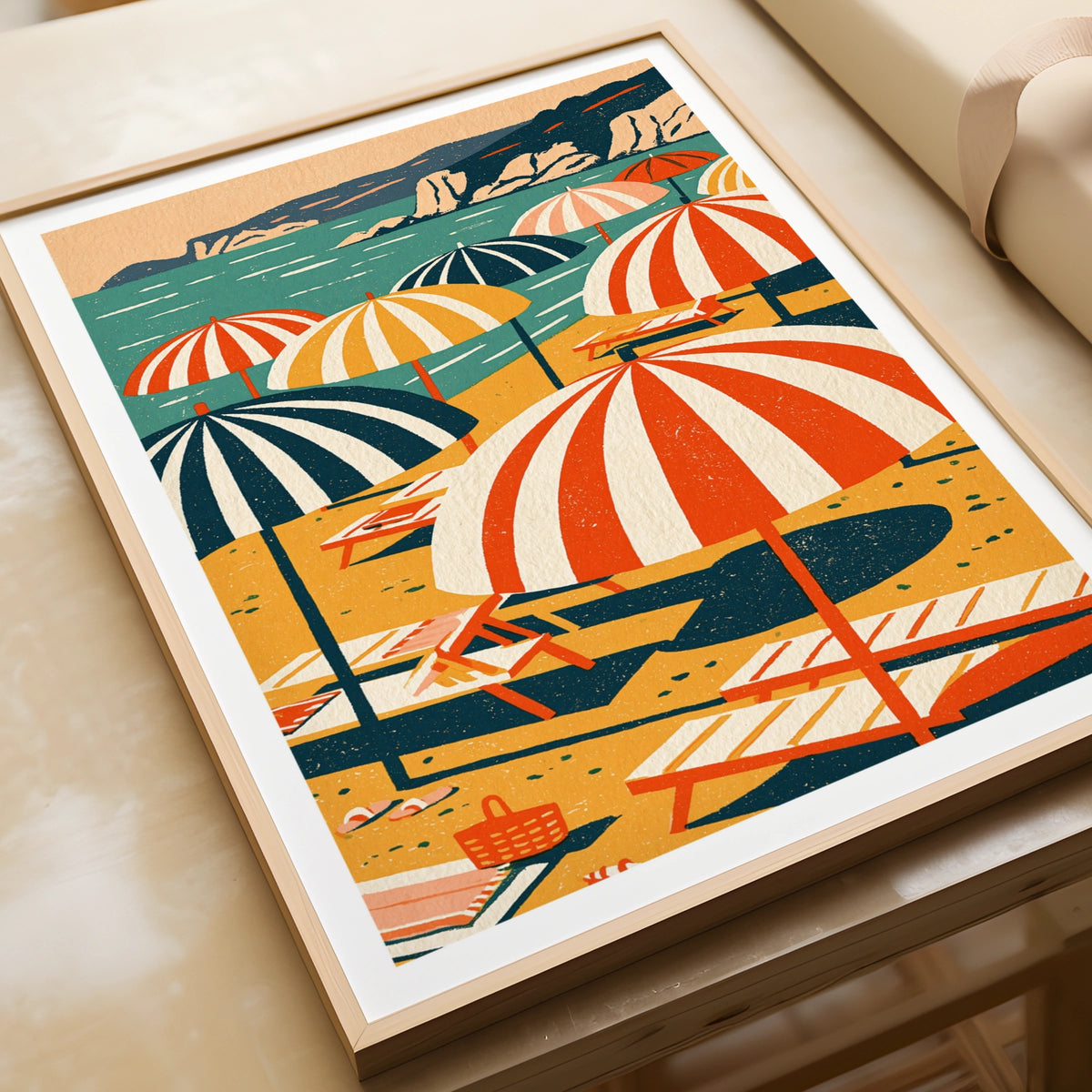 Retro Beach Umbrella Poster, Vintage Summer Print, Coastal Wall Art, Mediterranean Sun Lounger