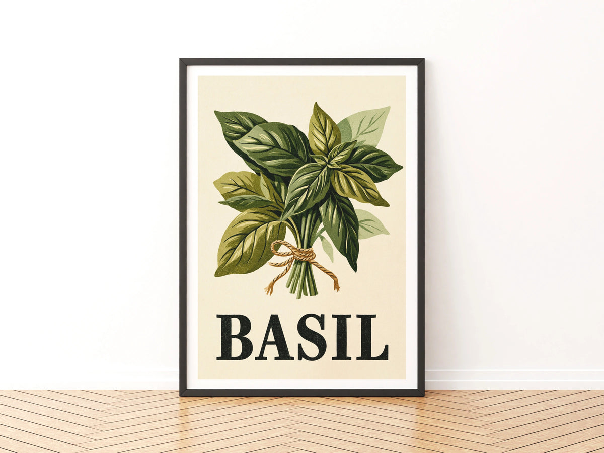 Basil Herb Vintage Food Poster Print | Rustic Kitchen Decor | Retro Mid Century Risograph Art