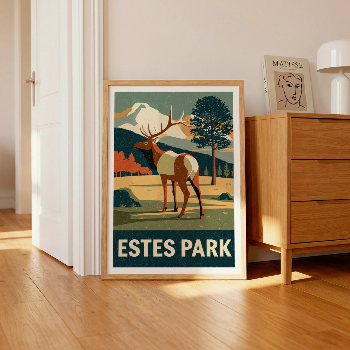 Estes Park Retro Travel Poster, Colorado Elk Print, Vintage National Park Wall Art