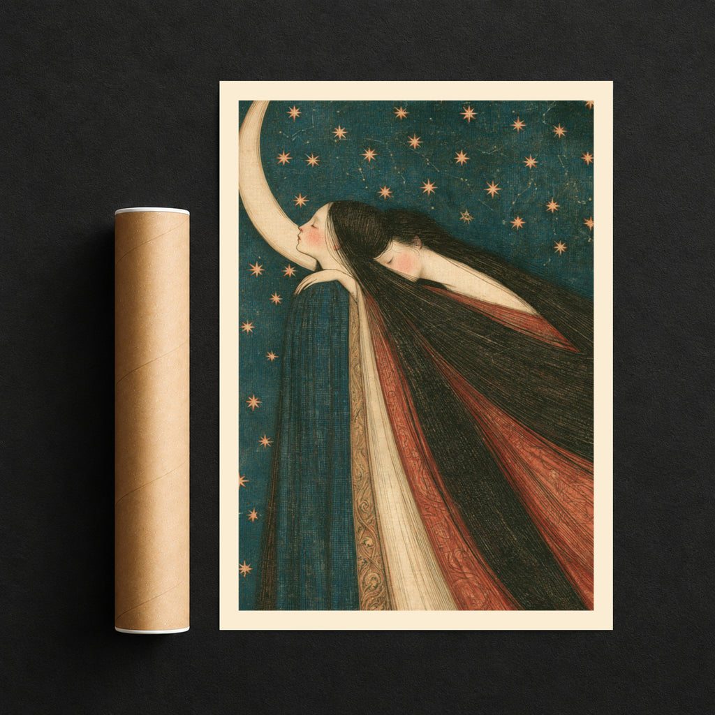 Celestial Moon Wall Art, Art Nouveau Poster, Dreamy Night Sky Print, Mystical Women Stars Decor