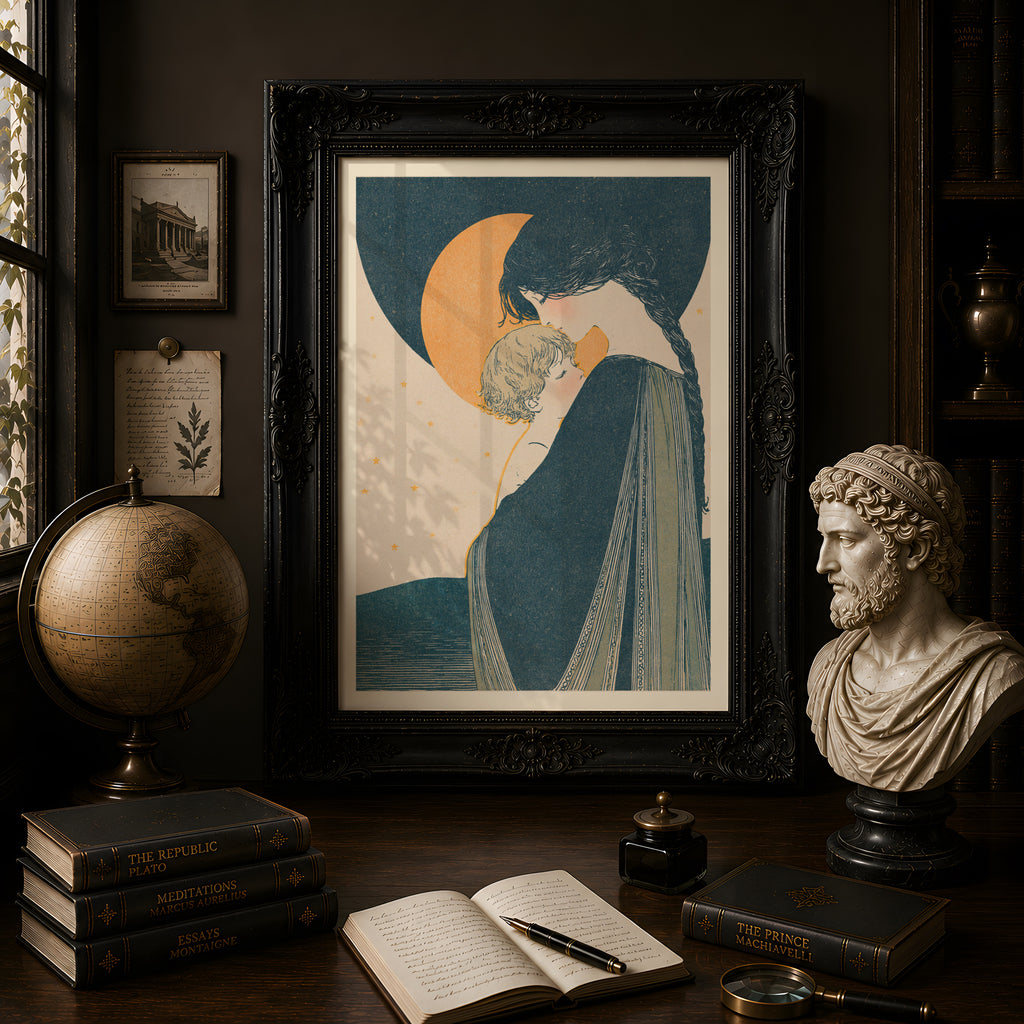 Mother and Child Art Print, Vintage Crescent Moon Poster, Nursery Wall Art, Starry Night