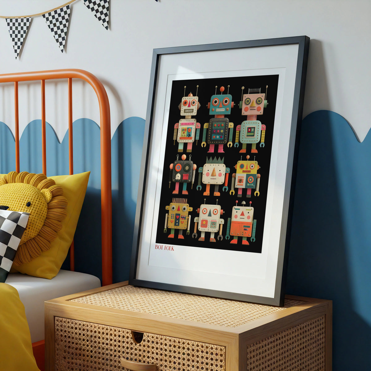 Retro Robot Poster, Bot Folk Kids Wall Art, Vintage Toy Robot Print, Colourful Children's