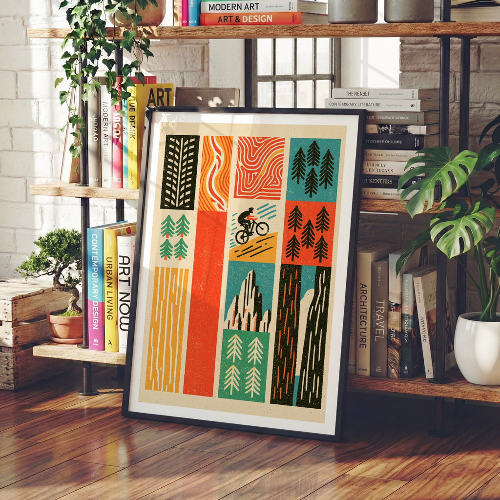 Retro Mountain Bike Poster, MTB Trail Art Print, Cycling Gift, Pine Tree Wall Art
