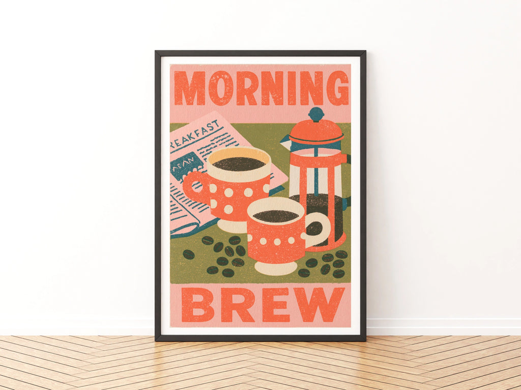Morning Brew Coffee Vintage Food Poster Print | Rustic Kitchen Decor | Retro Mid Century Risograph