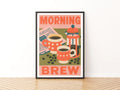 Morning Brew Coffee Vintage Food Poster Print | Rustic Kitchen Decor | Retro Mid Century Risograph