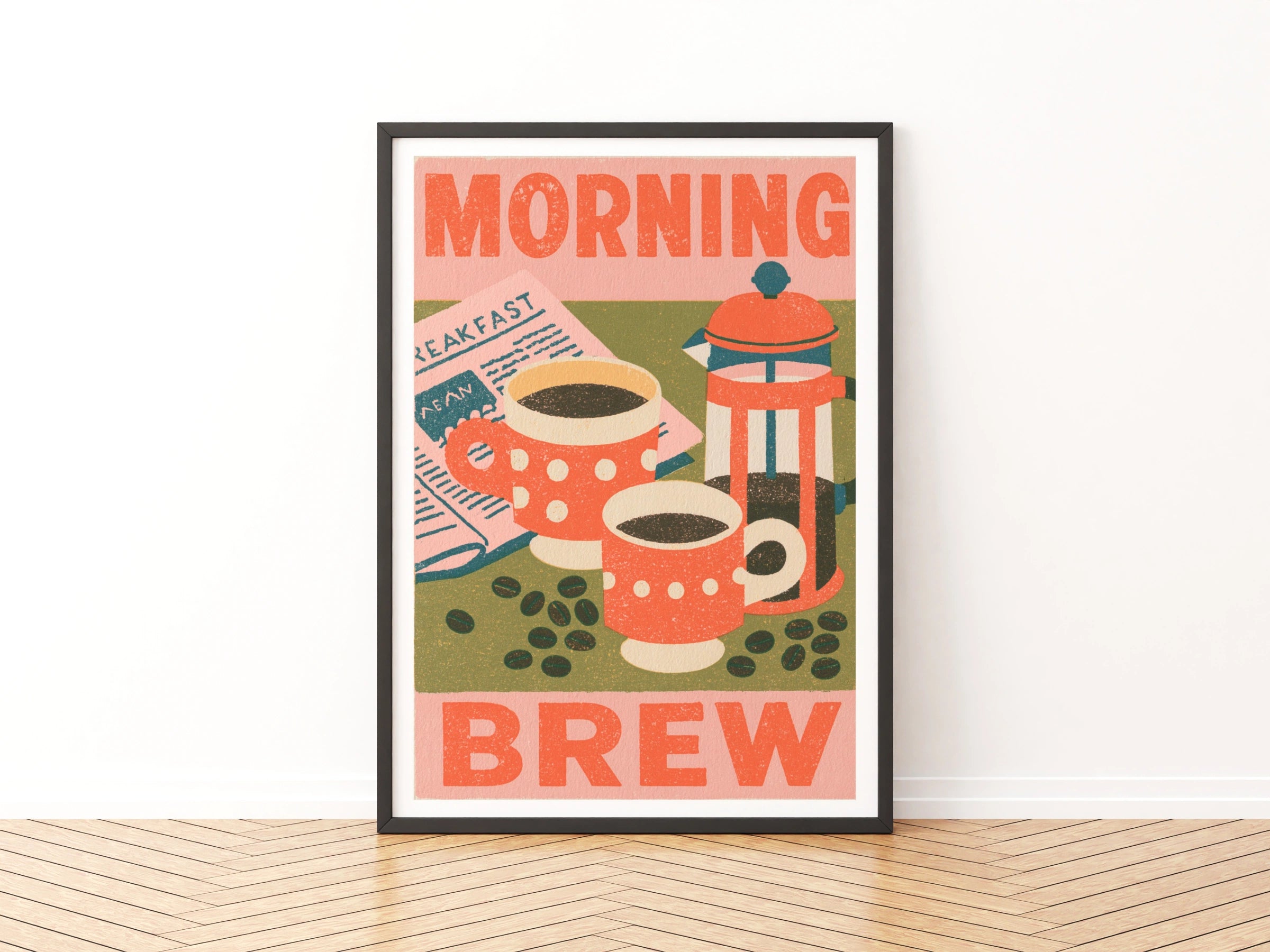 Morning Brew Coffee Vintage Food Poster Print | Rustic Kitchen Decor | Retro Mid Century Risograph
