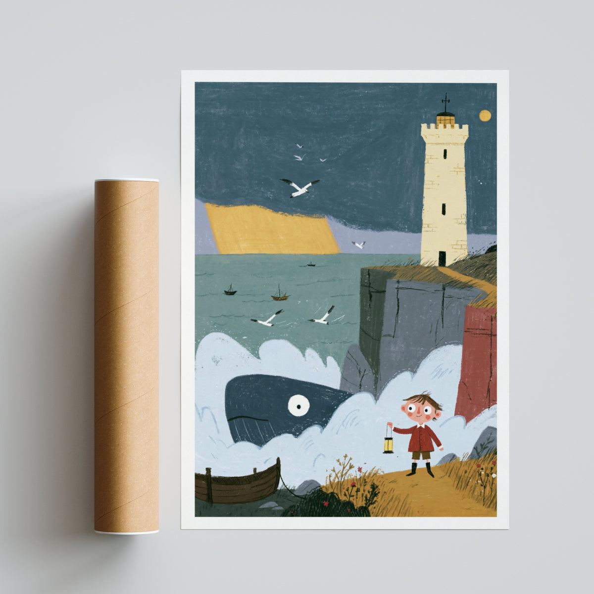 Lighthouse Whale Art Print, Children's Book Illustration, Coastal Nursery Wall Art, Boy With Lantern