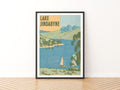 Lake Jindabyne Retro Travel Poster, Vintage Travel Print, Australia Snowy Mountains Wall Art