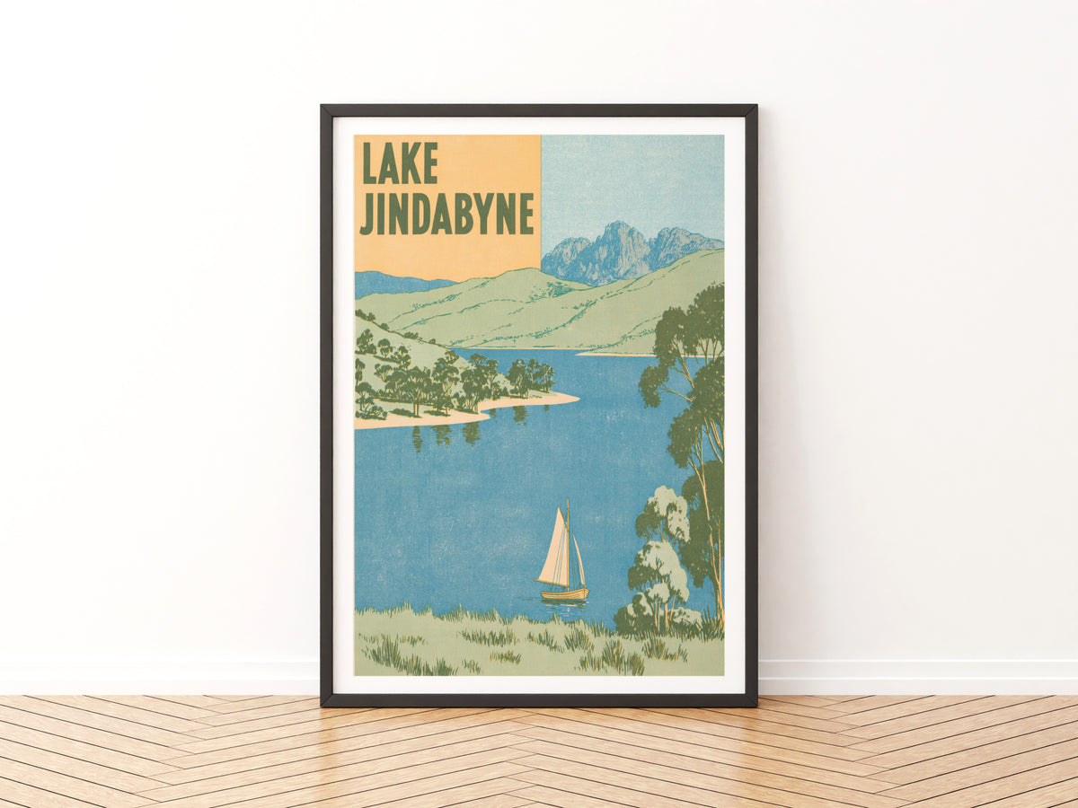 Lake Jindabyne Retro Travel Poster, Vintage Travel Print, Australia Snowy Mountains Wall Art