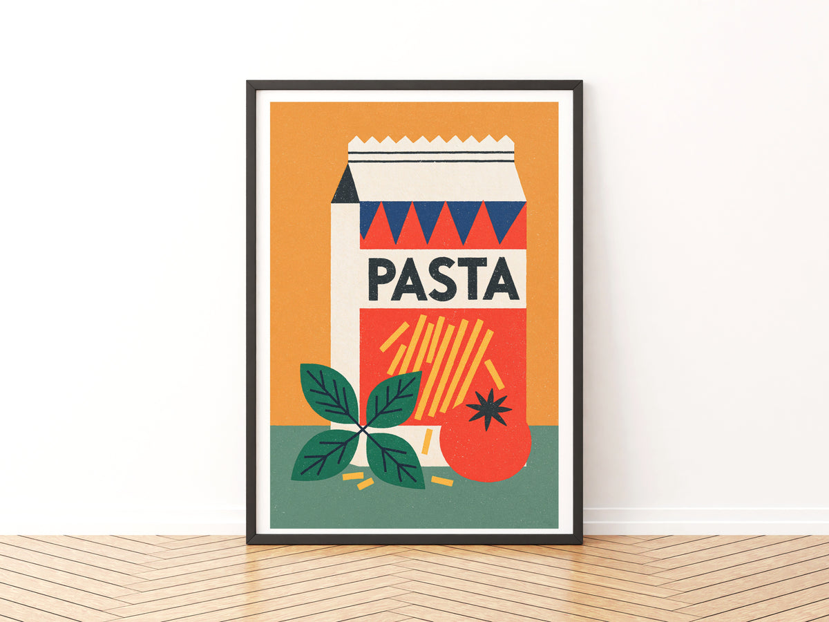 Vintage Food Poster Print, Pasta Retro Mid Century Risograph, Rustic Kitchen Decor Wall Art