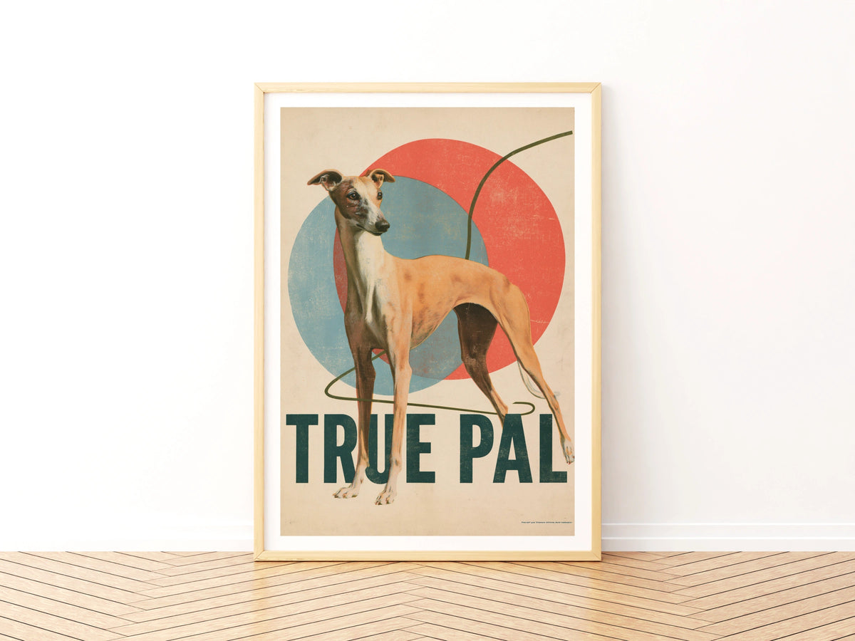 Retro Whippet Print, True Pal Dog Wall Art, Vintage Greyhound Folk Art Decor