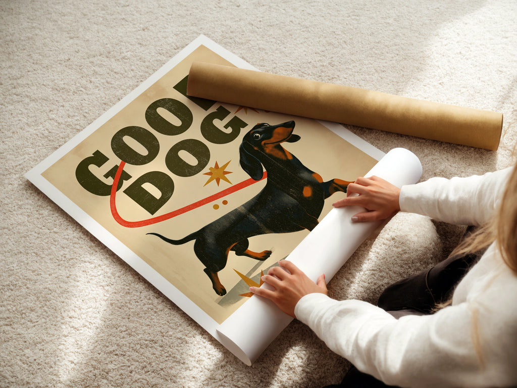 Good Dog Dachshund Retro Poster, Sausage Dog Wall Art, Vintage Folk Print, Dog Lover Gift