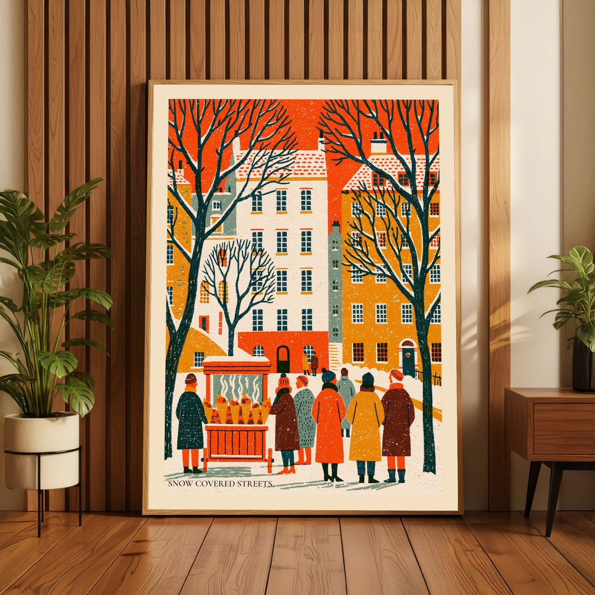 Snow Covered Streets Vintage Food Poster Print | Rustic Kitchen Decor | Festive Street Market Art decor