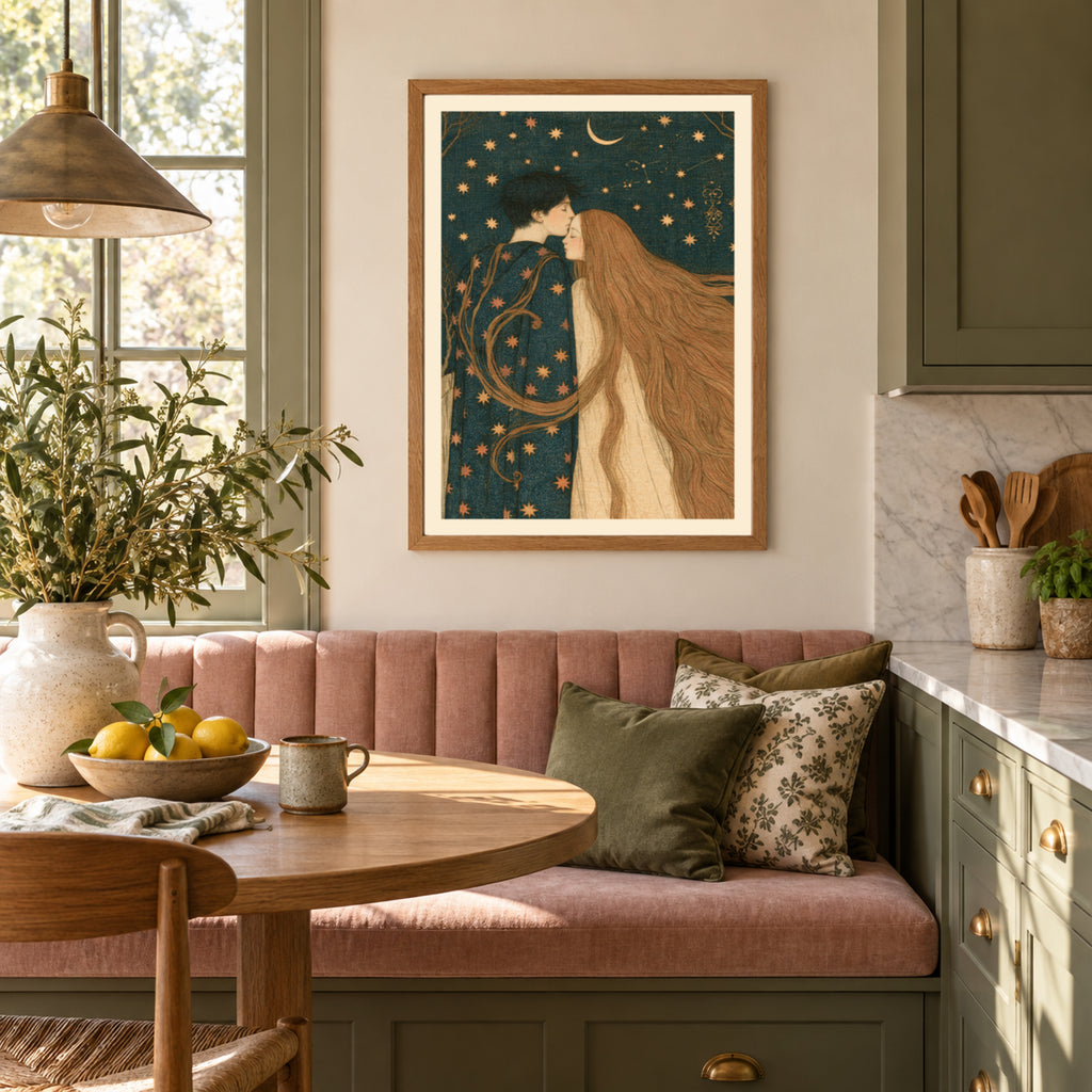 Celestial Lovers Wall Art, Starry Night Couple Poster, Crescent Moon Romantic Vintage Print, Bedroom