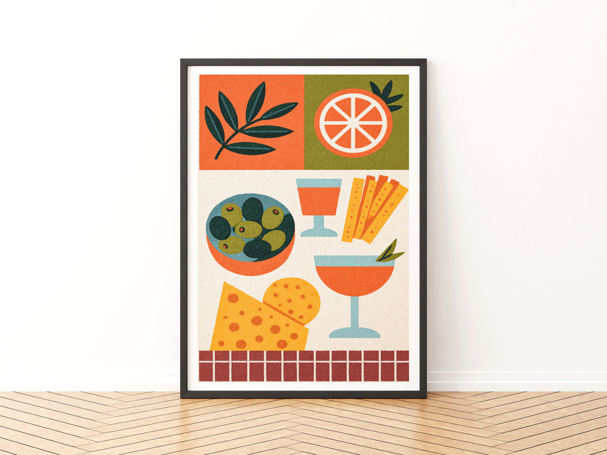 Meze Wall print - Vintage Food Poster Print, Rustic Kitchen Decor, Retro Mid Century Risograph Olive Cheese Aperitif