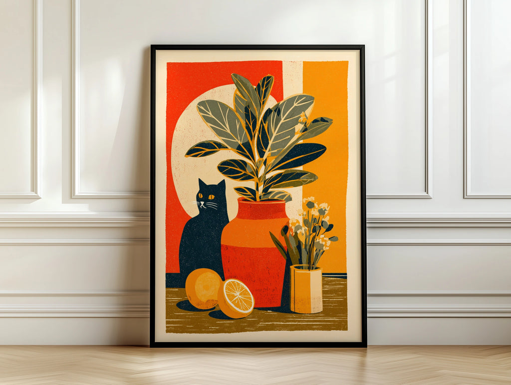 Black Cat Retro Still Life Poster, Rubber Plant Print, Vintage Style Wall Art