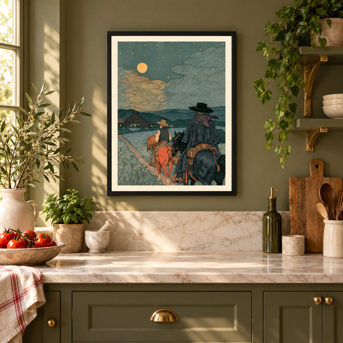 Western Cowboy Wall Art, Night Ride Poster, Moonlit Ranch Landscape Print, Rustic Nature Decor
