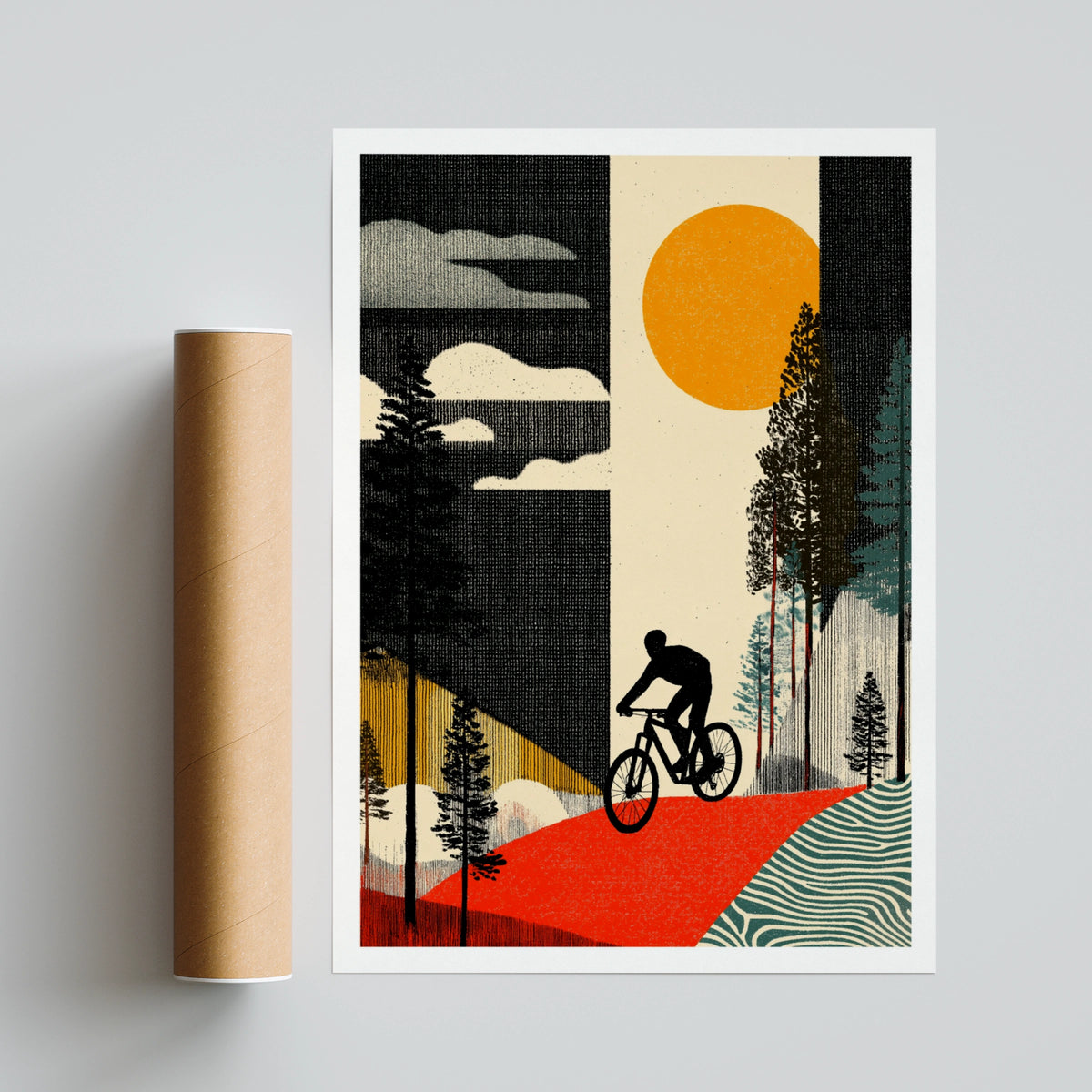 Retro Mountain Bike Poster, Cycling Art Print, Forest Trail, Vintage Sun Wall Art