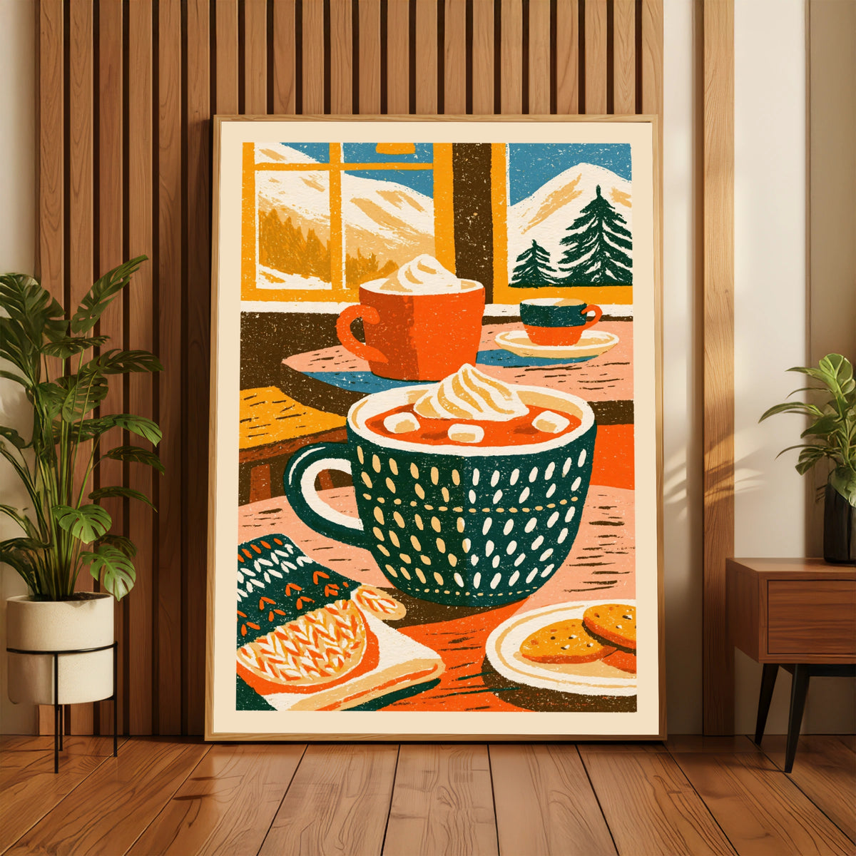 Vintage Food Poster Print, Hot Chocolate Mug, Rustic Kitchen Decor, Retro Mid Century Risograph Art