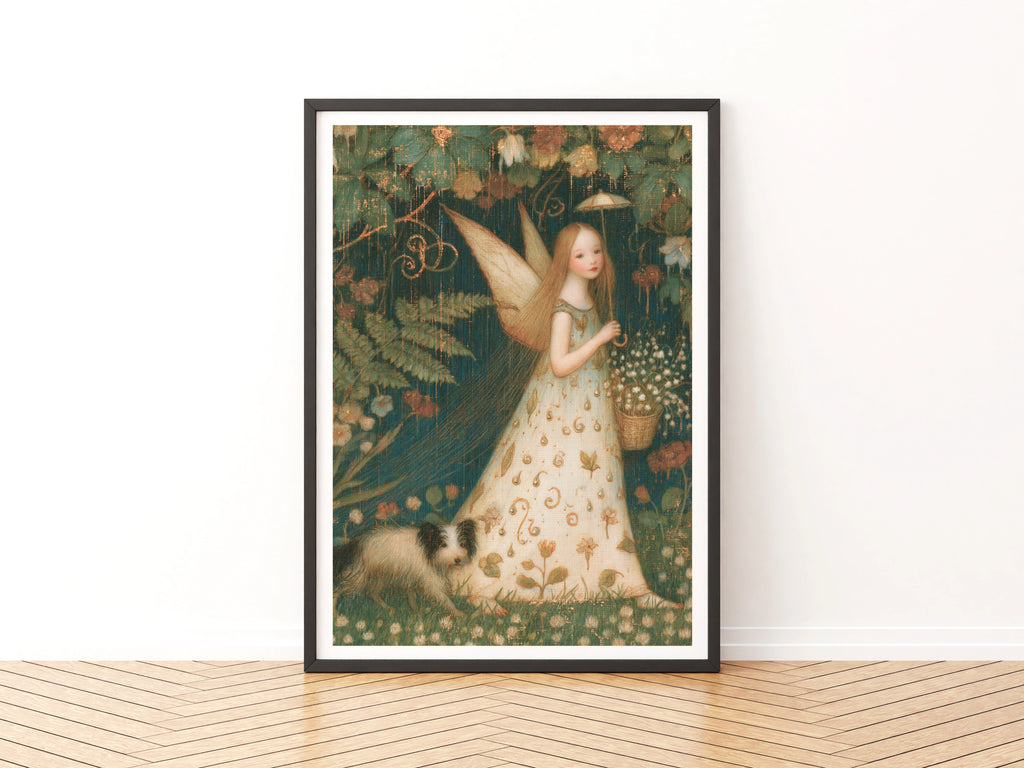 Fairy Girl Garden Print, Classic Folk Art Poster, Floral Fantasy Wall Art, Vintage Illustrated