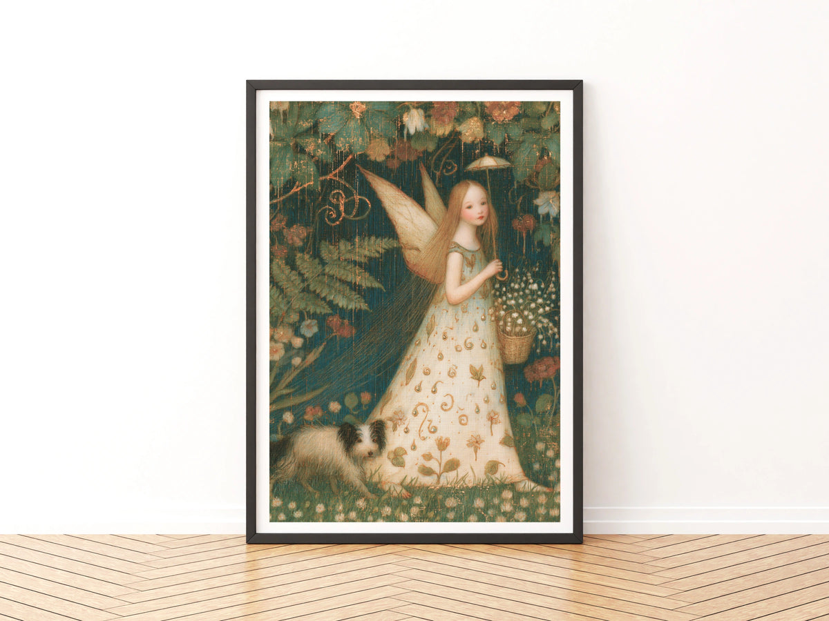 Fairy Girl Garden Print, Classic Folk Art Poster, Floral Fantasy Wall Art, Vintage Illustrated