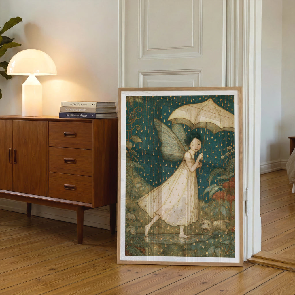 Splish Splash Rain Fairy Classic Art Print, Teal Gold Whimsical Fairy Poster, Folk Illustrated Wall Art