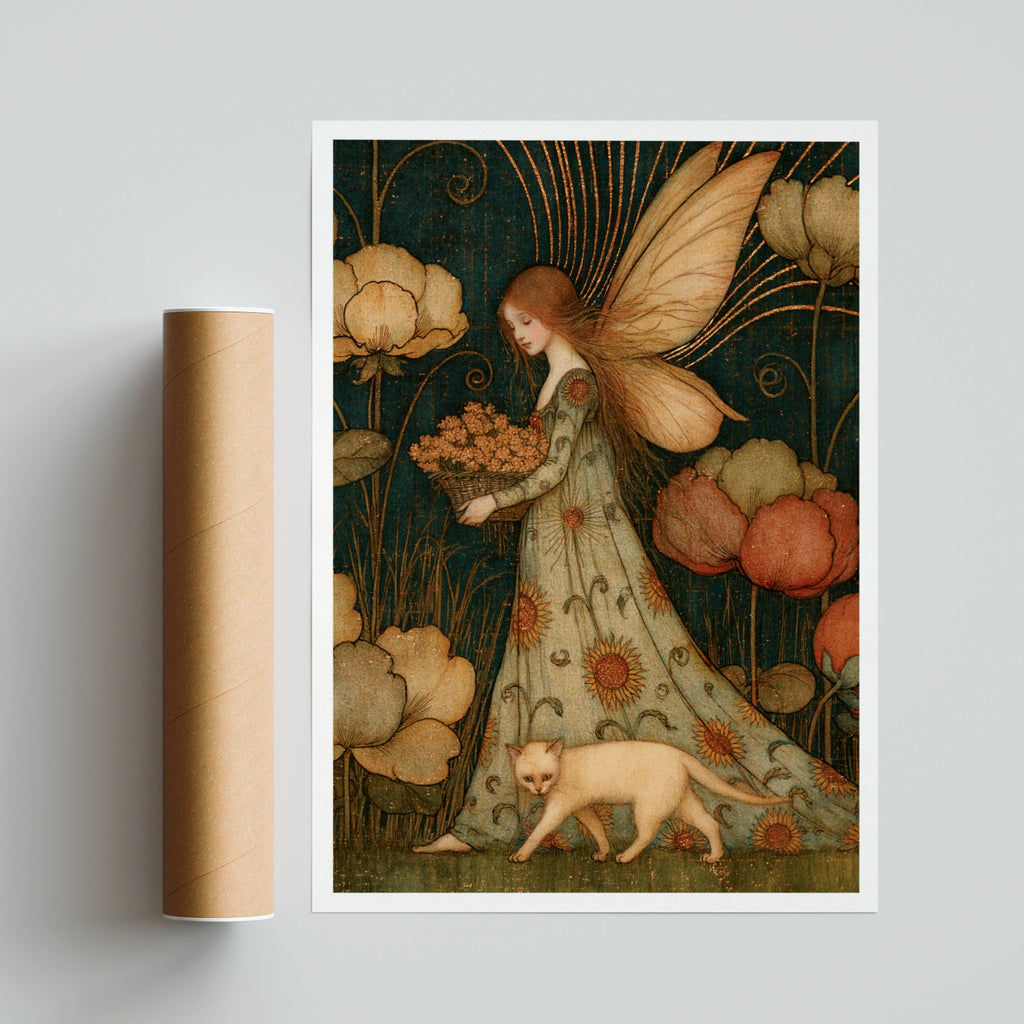 Summer Garden Fairy Art Print, Classic Vintage Fairy Poster, Teal Gold Floral Cat Wall Art