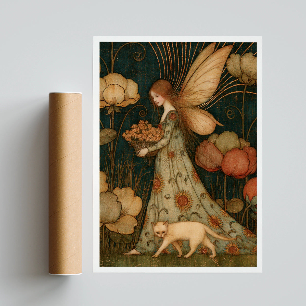 Summer Garden Fairy Art Print, Classic Vintage Fairy Poster, Teal Gold Floral Cat Wall Art