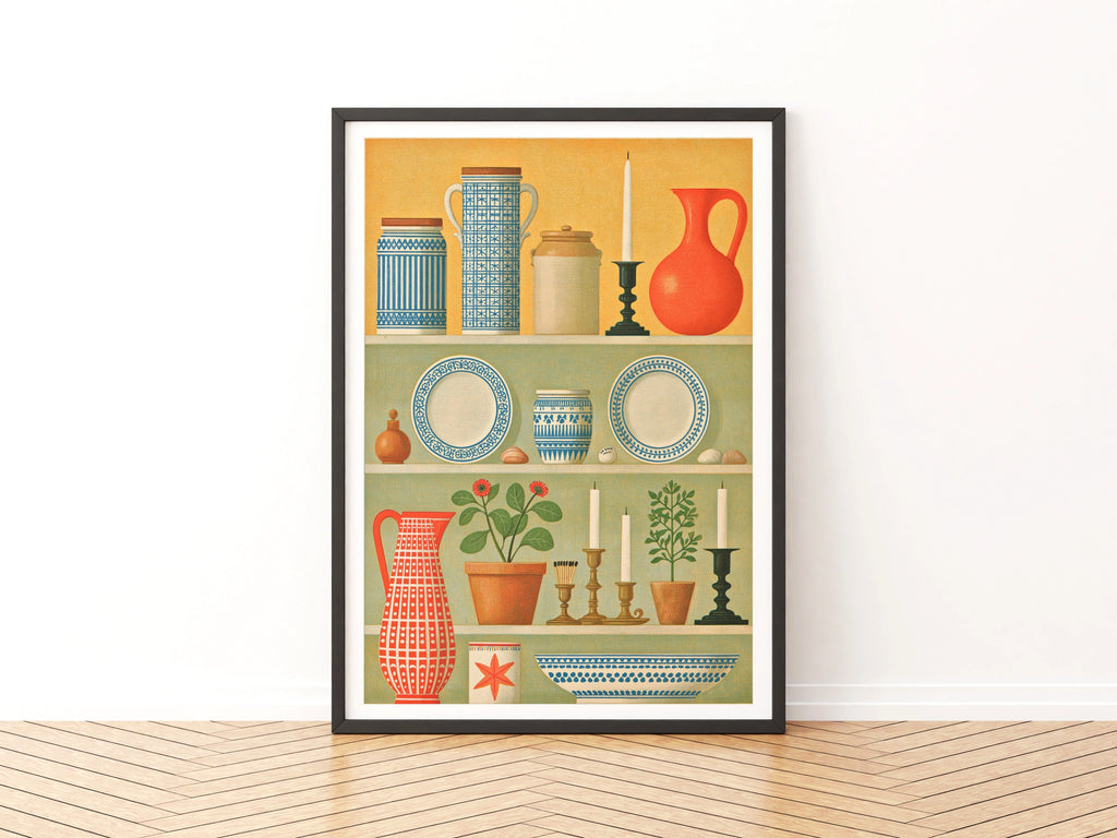 Vintage Dresser Shelf Still Life Print, Folk Pottery Wall Art, Classic Inspired Kitchen Poster