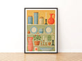 Vintage Dresser Shelf Still Life Print, Folk Pottery Wall Art, Classic Inspired Kitchen Poster