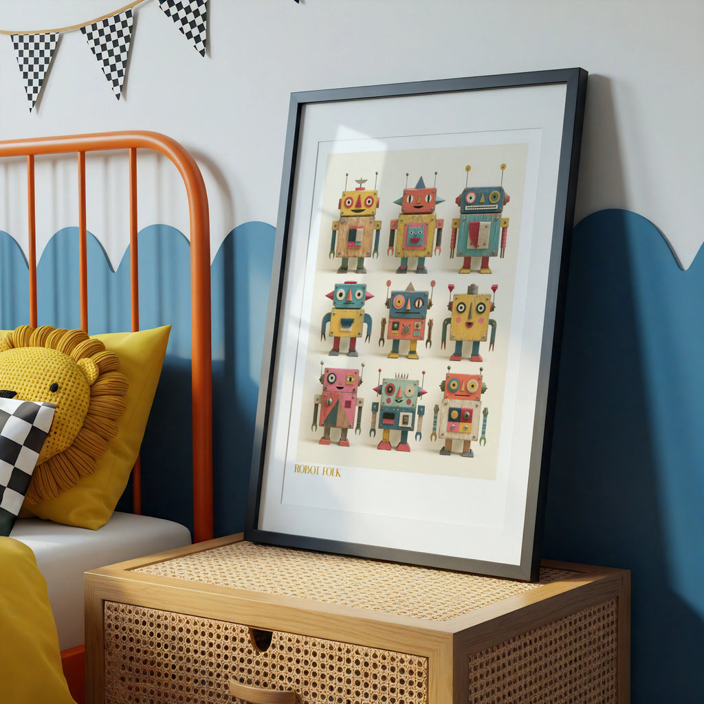 Robot Folk Art Print, Retro Children's Collectable Poster, Vintage Toy Robot Kids Wall Art