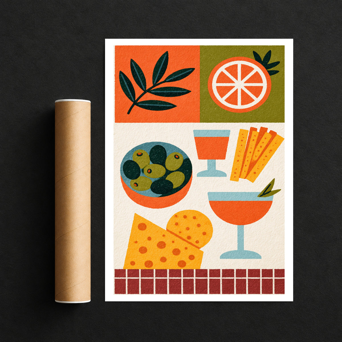 Meze Wall print - Vintage Food Poster Print, Rustic Kitchen Decor, Retro Mid Century Risograph Olive Cheese Aperitif
