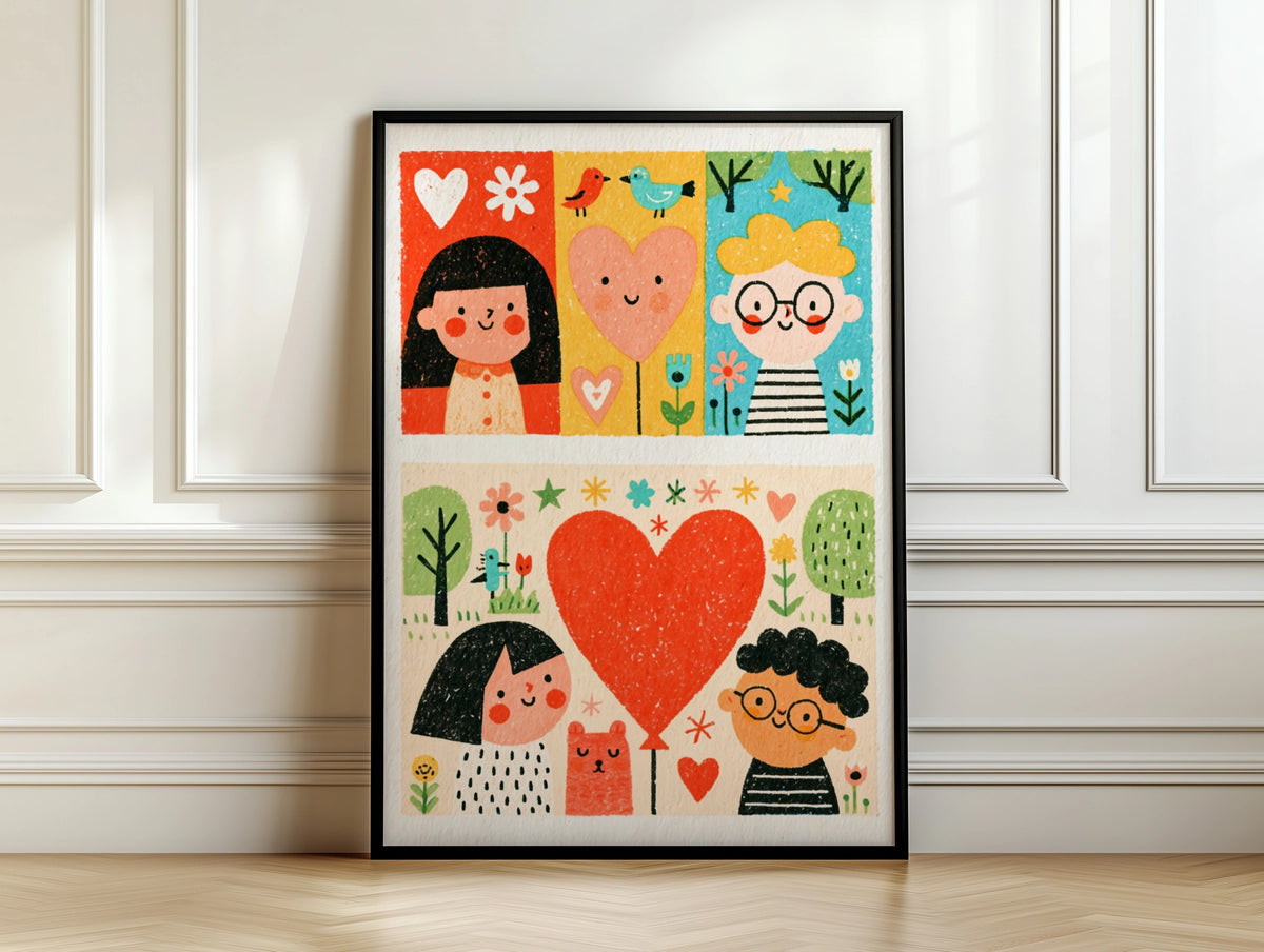 Retro Folk Art Kids Poster, Cute Children Heart Print, Colourful Nursery Wall Art Gift