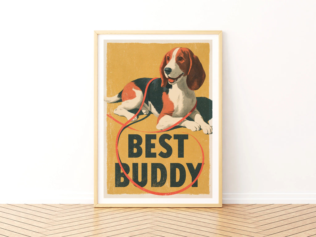 Retro Beagle Poster, Best Buddy Dog Print, Vintage Folk Style Wall Art, Mustard Yellow