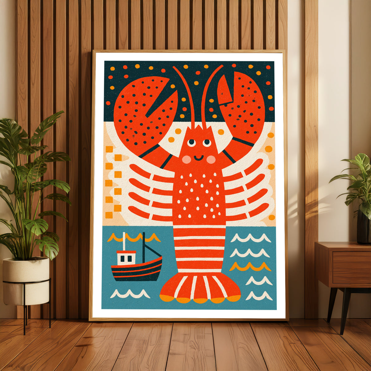 Retro Lobster Print, Vintage Style Seaside Wall Art, Nautical Fishing Boat Poster, Kitchen Decor