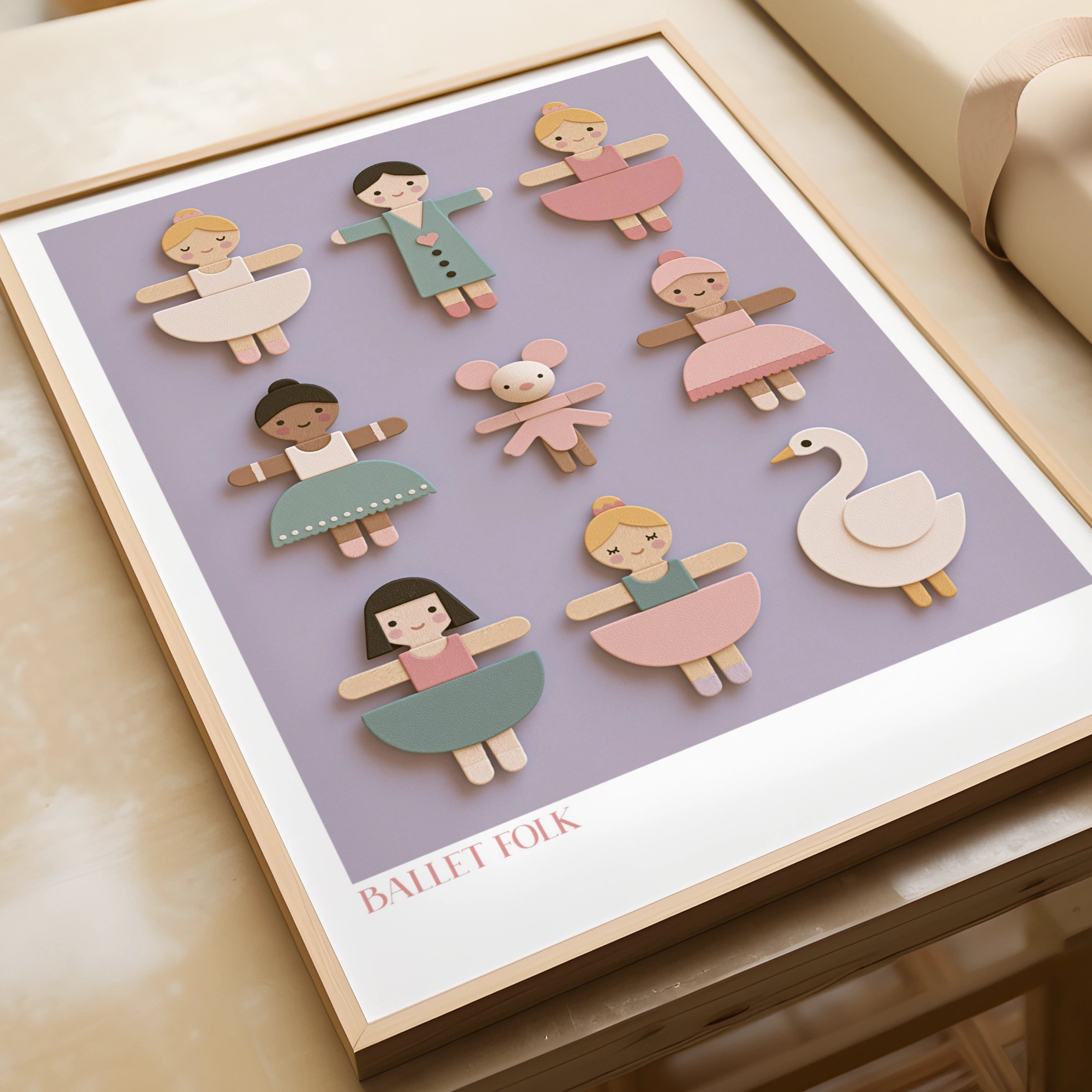 Ballet Folk Retro Nursery Poster, Wooden Toy Ballerina Wall Art, Children's Collectable Print