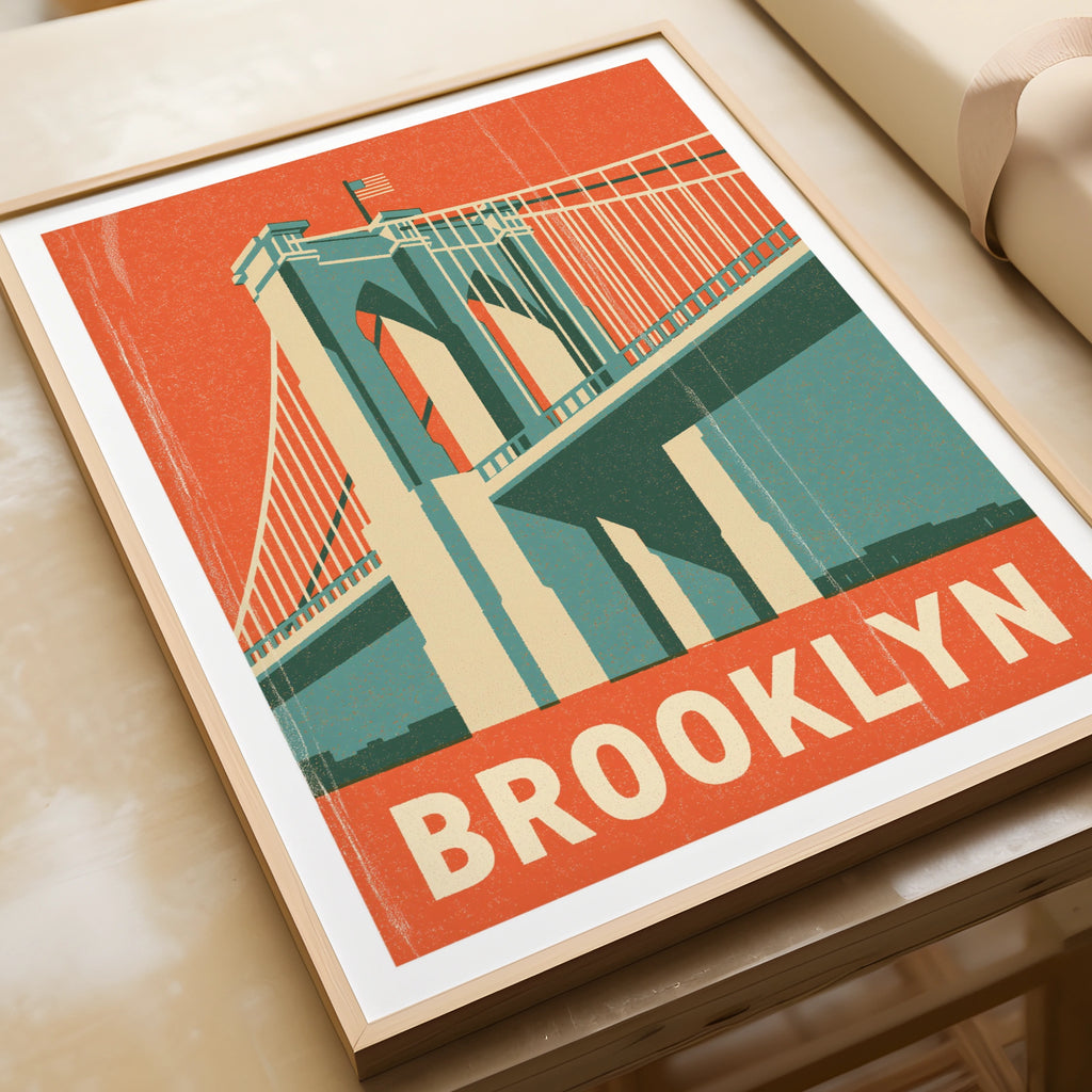 Brooklyn Bridge Retro Travel Poster, New York City Wall Art Print, NYC Vintage