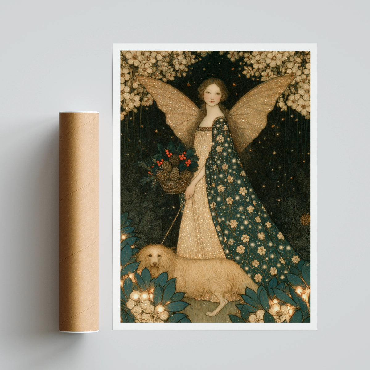 Winter Fairy Print, Christmas Angel Poster, Vintage Folk Art, Teal Gold Festive Wall Art