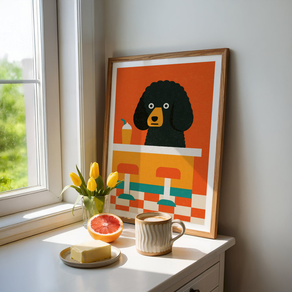 Vintage Food Poster Print, Retro Mid Century Poodle Diner Dog Art, Rustic Kitchen Decor Gift