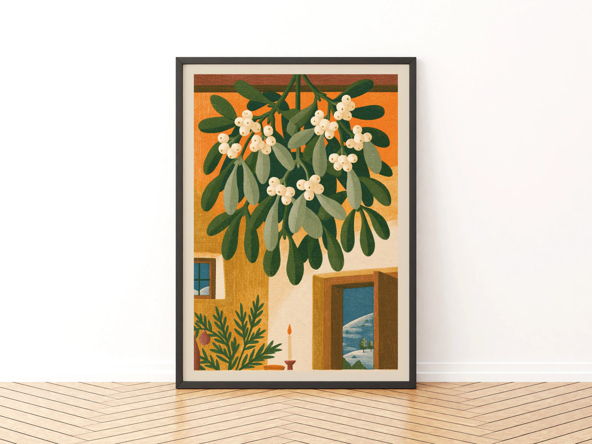 Vintage Mistletoe Poster Print | Rustic Kitchen Decor | Retro Mid Century Risograph Christmas