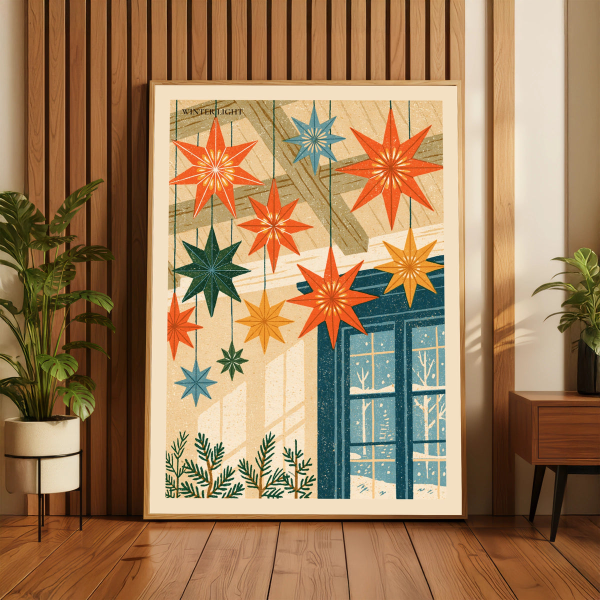 Winter Light Star Poster, Retro Christmas Wall Art, Scandi Hygge Print, Festive Home Decor