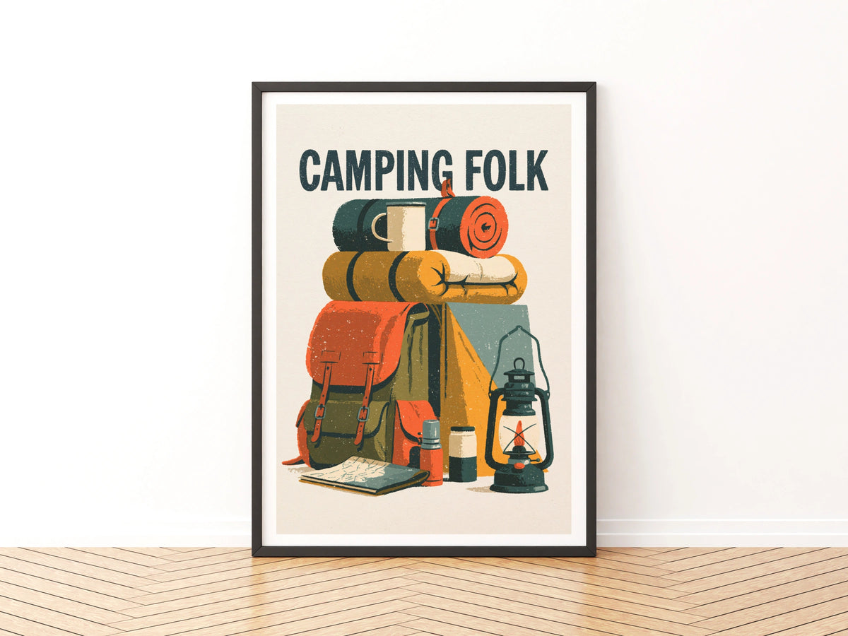 Camping Folk Vintage Poster, Retro Outdoor Wall Art, Hiking Gift Print, Adventure Decor