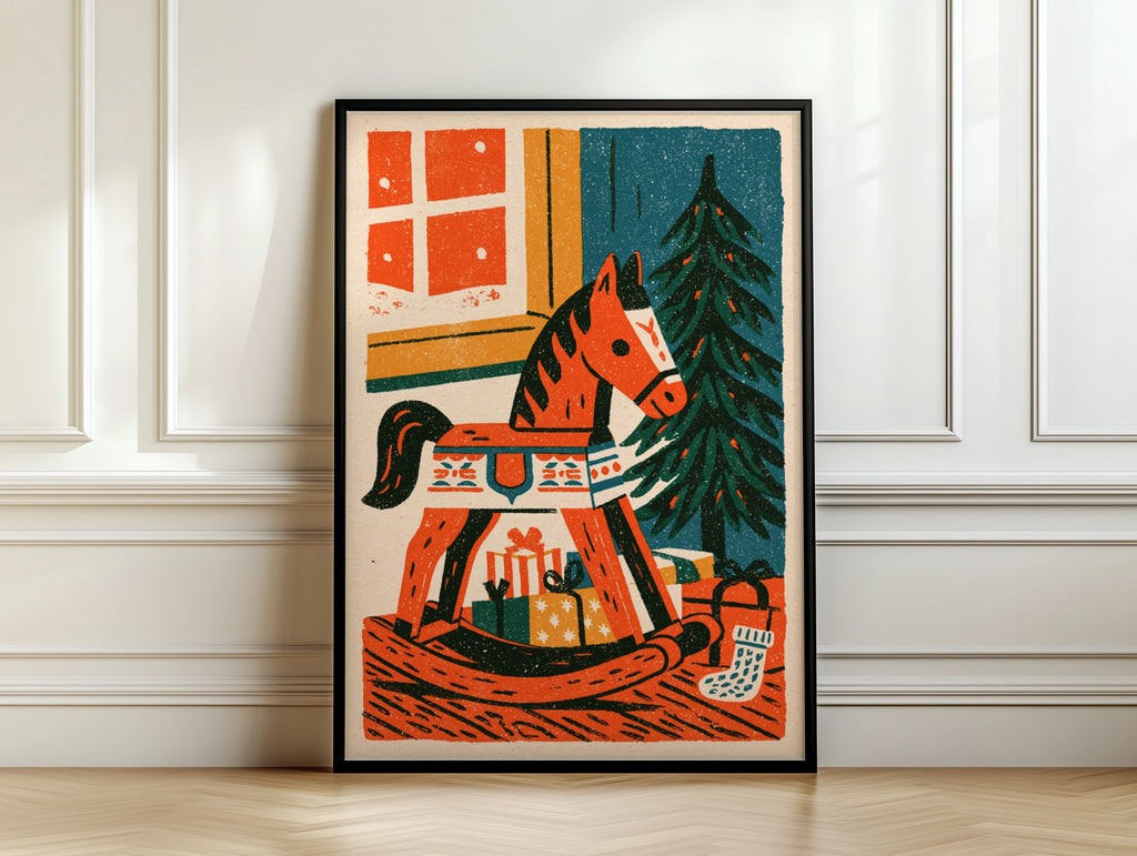 Vintage Rocking Horse Christmas Poster, Retro Festive Wall Art, Teal Orange Holiday Print